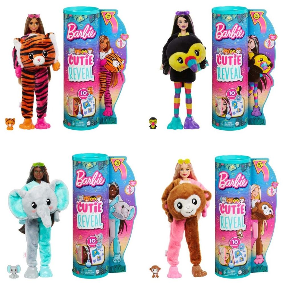 Barbie Cutie Reveal Jungle Series-dukker giver den sødeste udpakningsoplevelse med 10 overraskelser! Find en sød elefant, en bedårende tiger, en kvik tukan eller en fræk abe, og tag så plyskostumet af, så en bevægelig Barbie-dukke med langt, farverigt hår kommer til syne. Hver Barbie-dukke har glimmerpynt i ansigtet for et ekstra nuttet look. Få en vild oplevelse med at pakke flere overraskelser ud som f.eks. et par solbriller, en nederdel eller et par shorts og et mini-kæledyr, der matcher dukkens kostume. Vend den øverste del af plyskostumet til en fleecejakke og vend kostumets hoved for at få en seng til kæledyret. Iskoldt vand giver endnu mere nuttethed med farveskift på dukken og minikæledyret. Varmt vand får dem til at skifte tilbage, så forvandlingen kan gentages. Børn vil elske at opdage alle de søde overraskelser i denne jungleinspirerede Barbie Cutie Reveal-serie. Indeholder dukke i dyrekostume og 10 overraskelser. Figurerne sælges hver for sig og så længe lager haves. Dukkerne kan ikke stå af sig selv. Farver og mønstre kan afvige fra det viste. Fra 3 år.